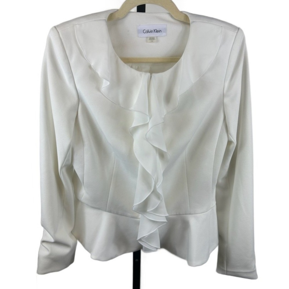 Calvin Klein Women's Size 10 White Ruffle Front Peplum Blazer Jacket